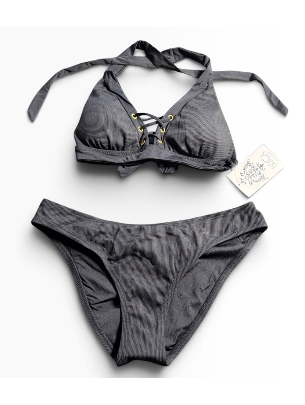 Becca Black ribbed textured halter style hipster bottom bikini set size L NWT